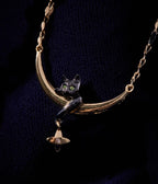 Black Gold Cat & Crescent Moon Charm Pendant Necklace