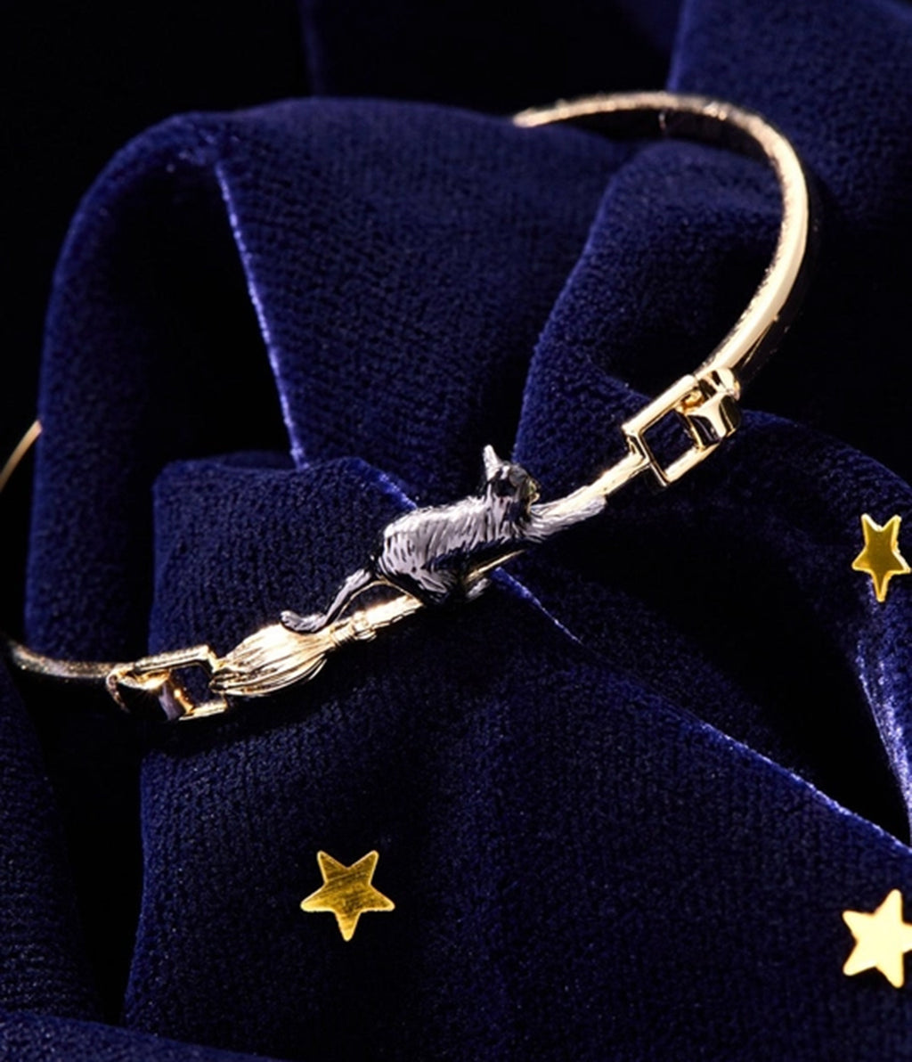 Black Cat & Broom Gold Tone Bangle Bracelet