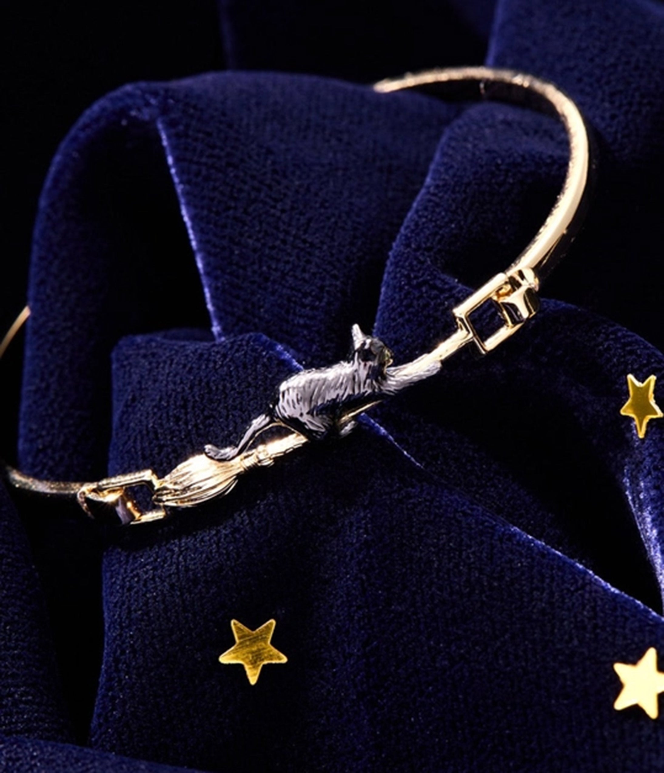 Black Cat & Broom Gold Tone Bangle Bracelet