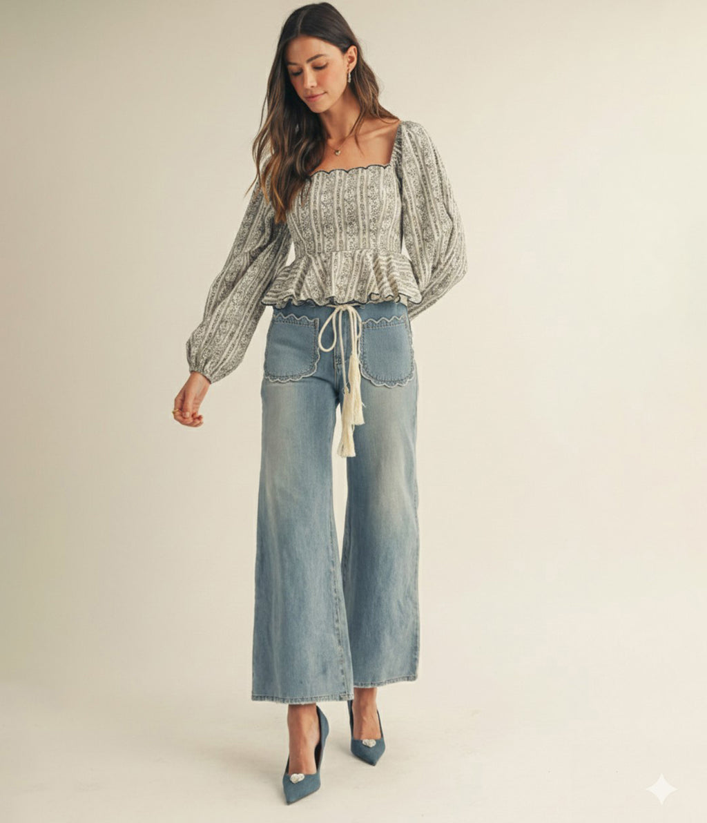 Light Blue Scallop Pocket Wide Leg Pants