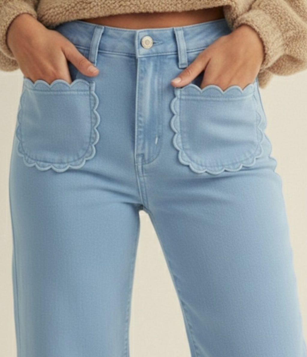 Light Blue Scallop Pocket Wide Leg Pants