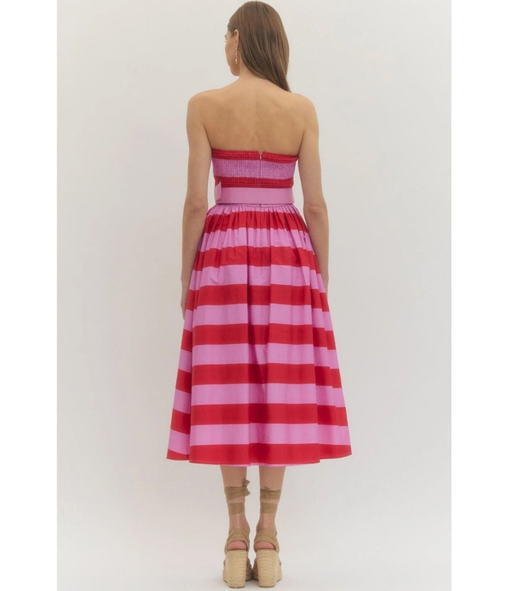 Pink & Red Stripe Strapless Midi Dress