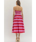 Pink & Red Stripe Strapless Midi Dress