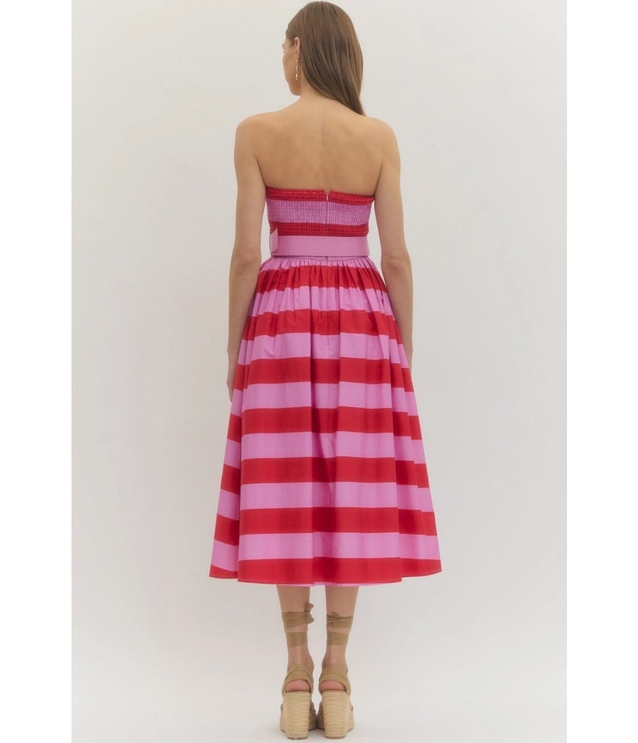 Pink & Red Stripe Strapless Midi Dress
