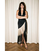 Black Satin Halter Fringe Wrap Dress