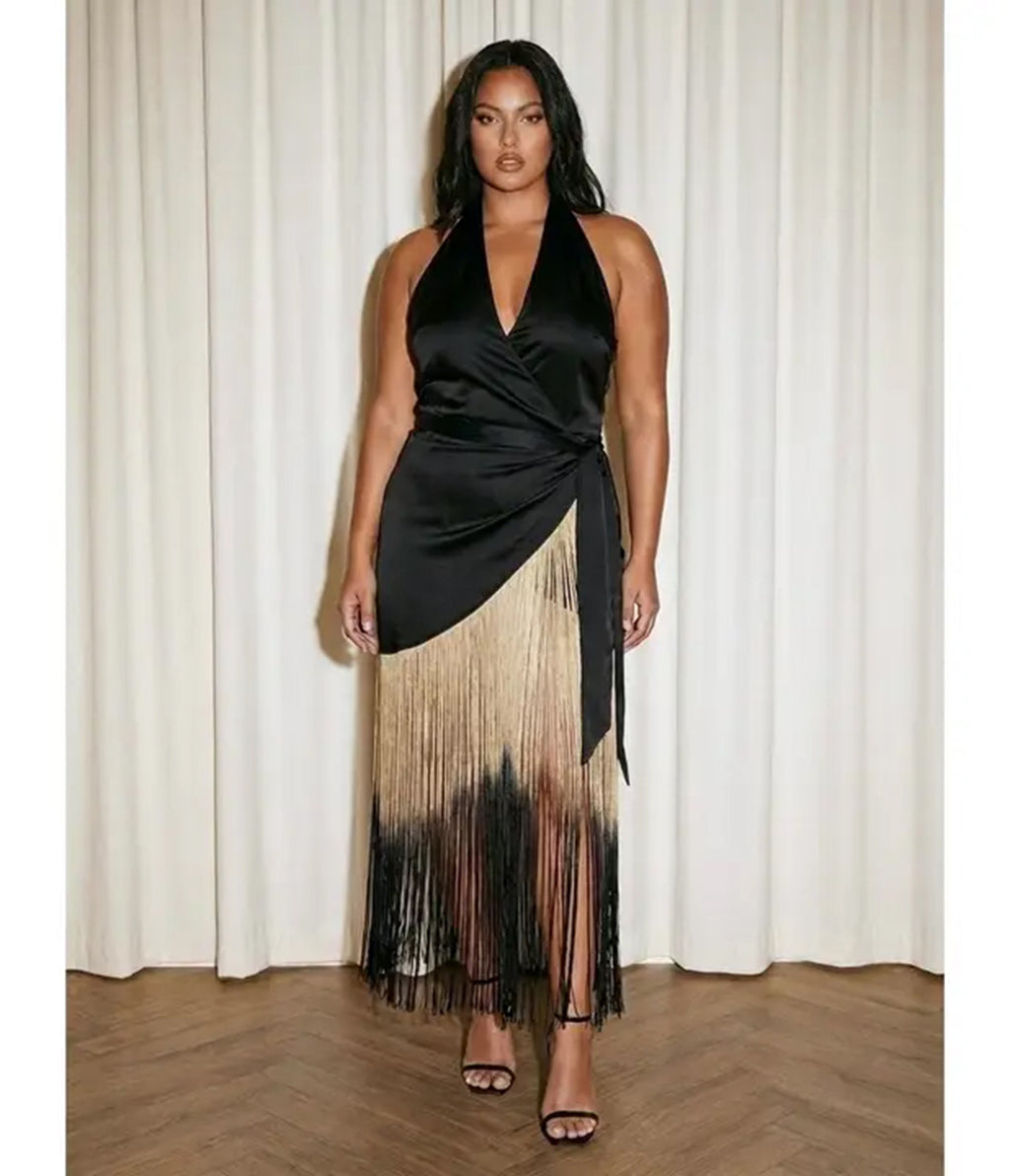 Plus Size Black Satin Halter Fringe Wrap Dress