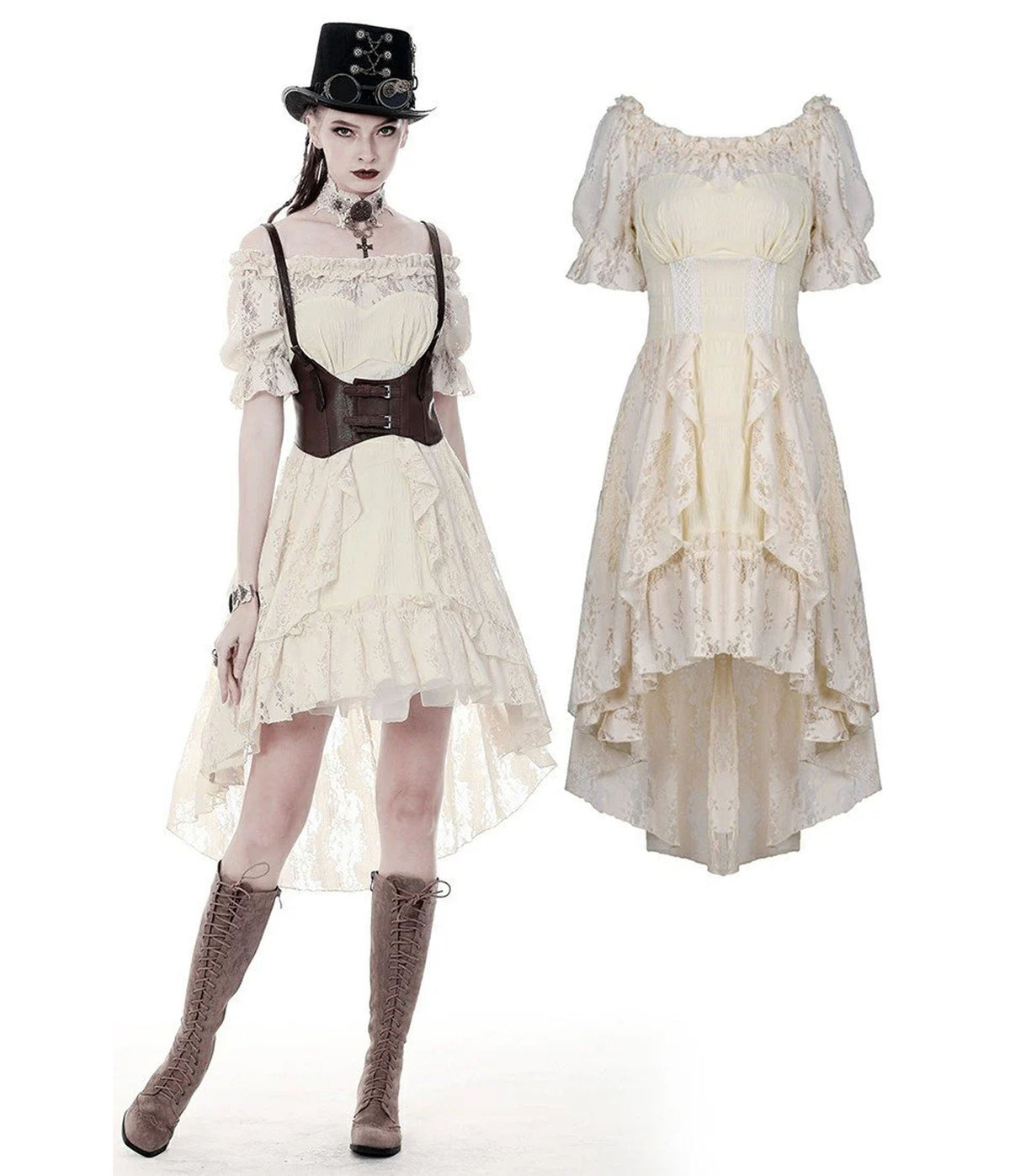 Beige Steampunk Lace High-Low Cocktail Dress