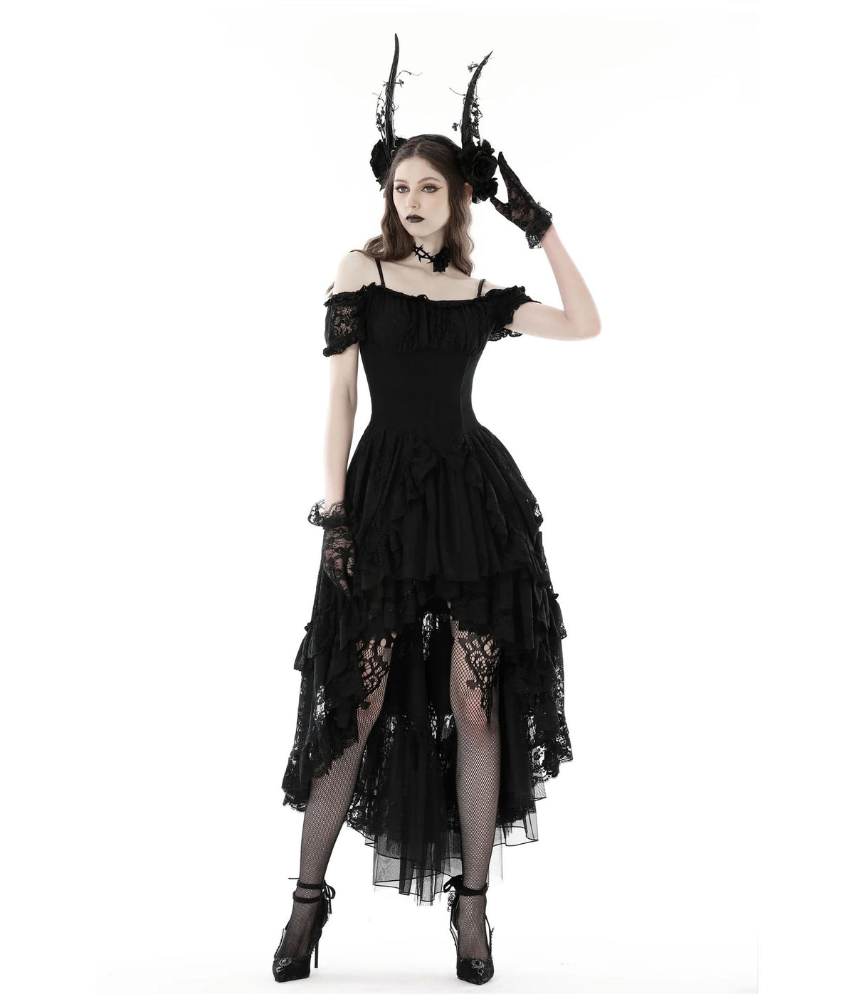 Black Gothic Lace High-Low Dovetail Dress