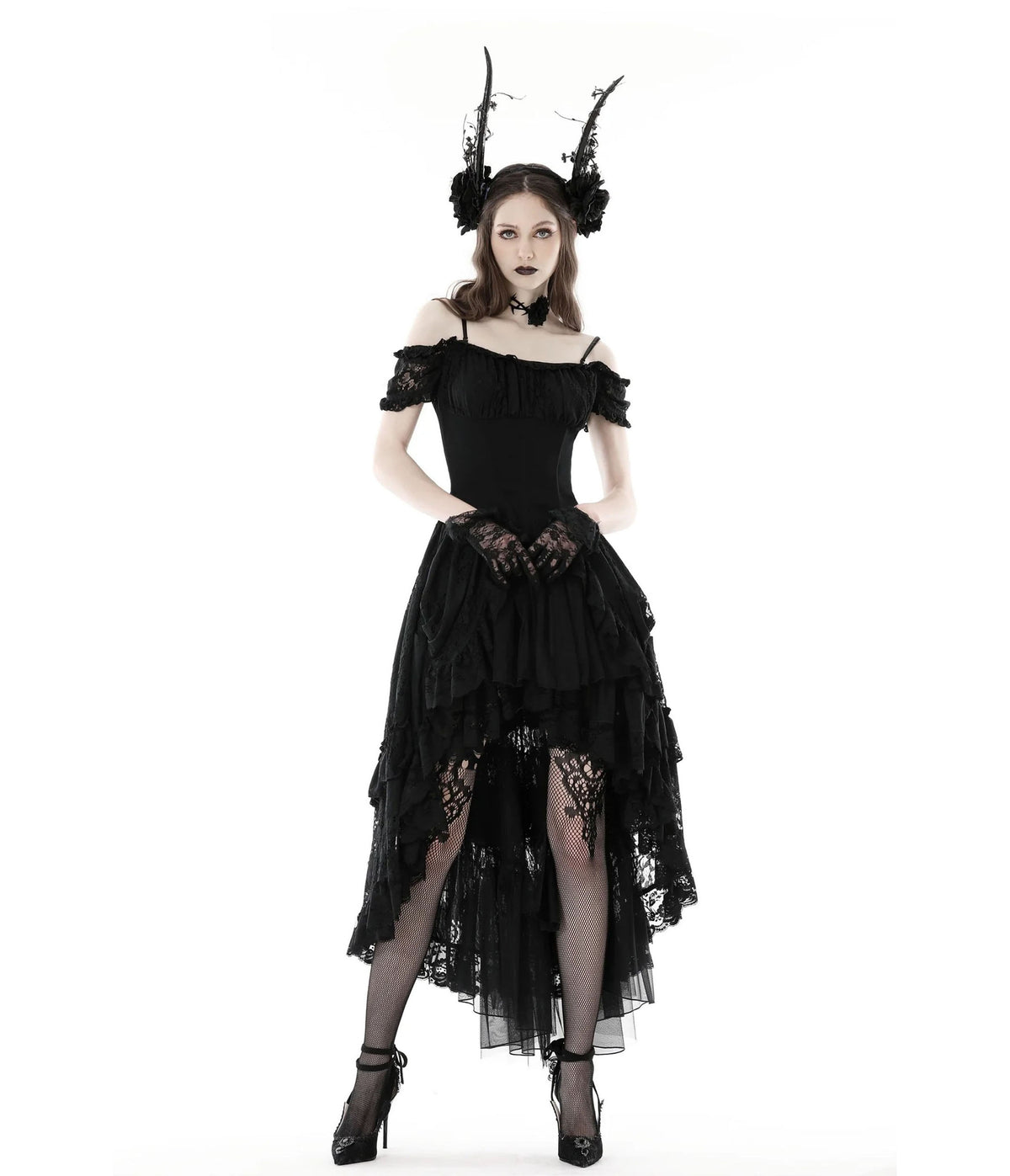 Black Gothic Lace High-Low Dovetail Dress