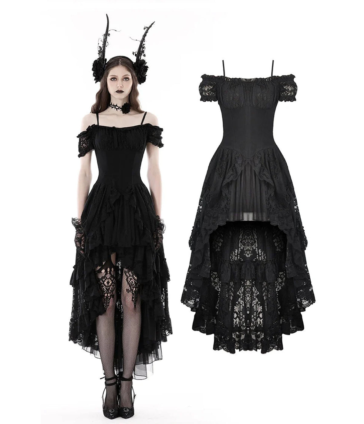 Black Gothic Lace High-Low Dovetail Dress