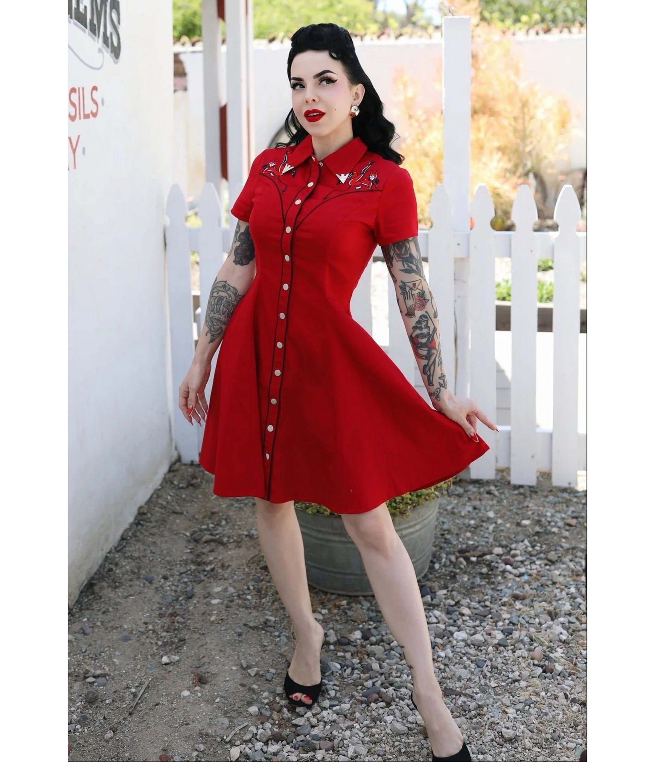 Elle Rebel Red Embroidered Western Shirt Dress