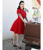 Elle Rebel Red Embroidered Western Shirt Dress