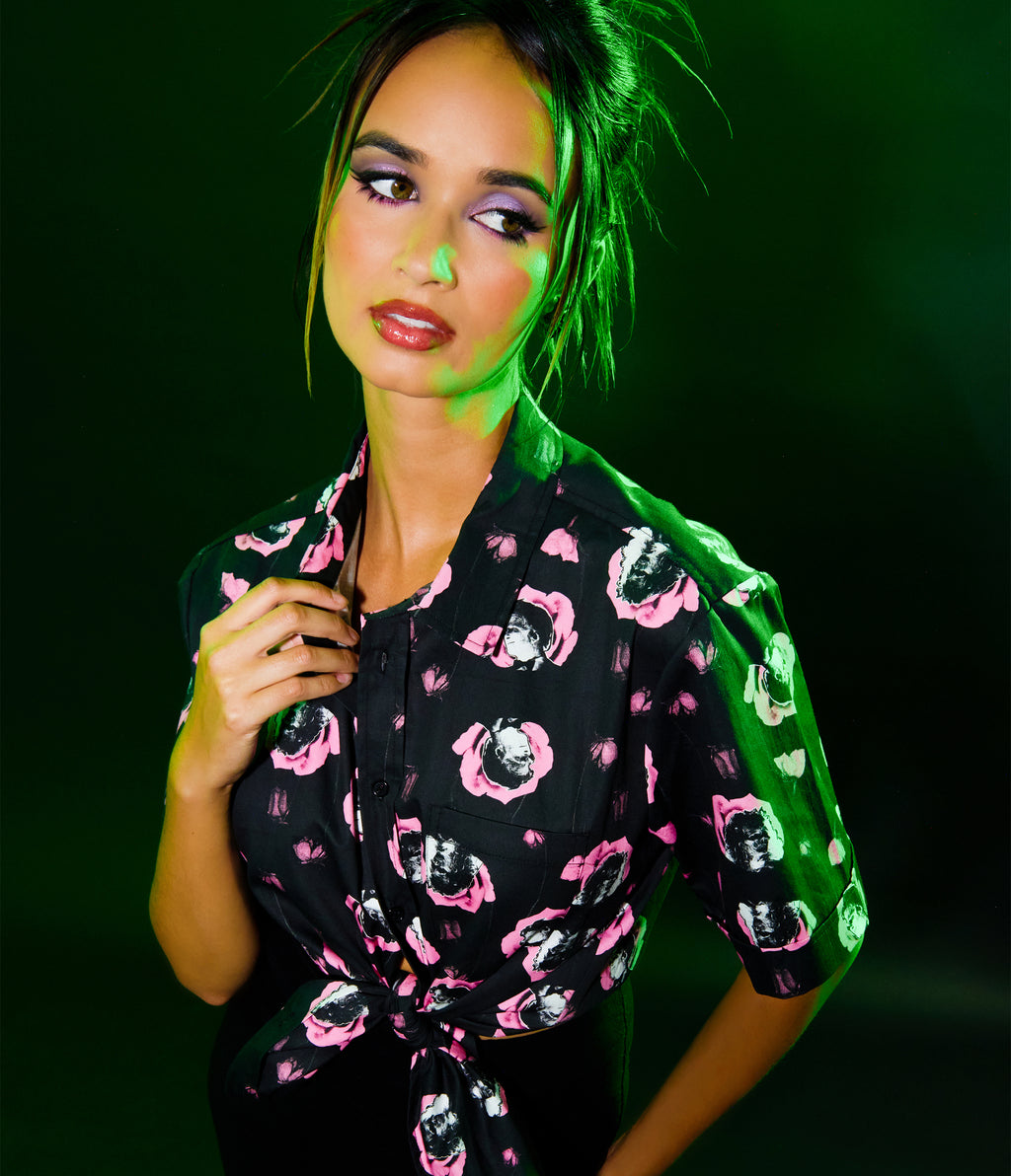 Beetlejuice x Unique Vintage Black & Pink Adam & Barbara Mens Button Up Shirt