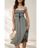 Black Gingham Spaghetti Strap Midi Dress