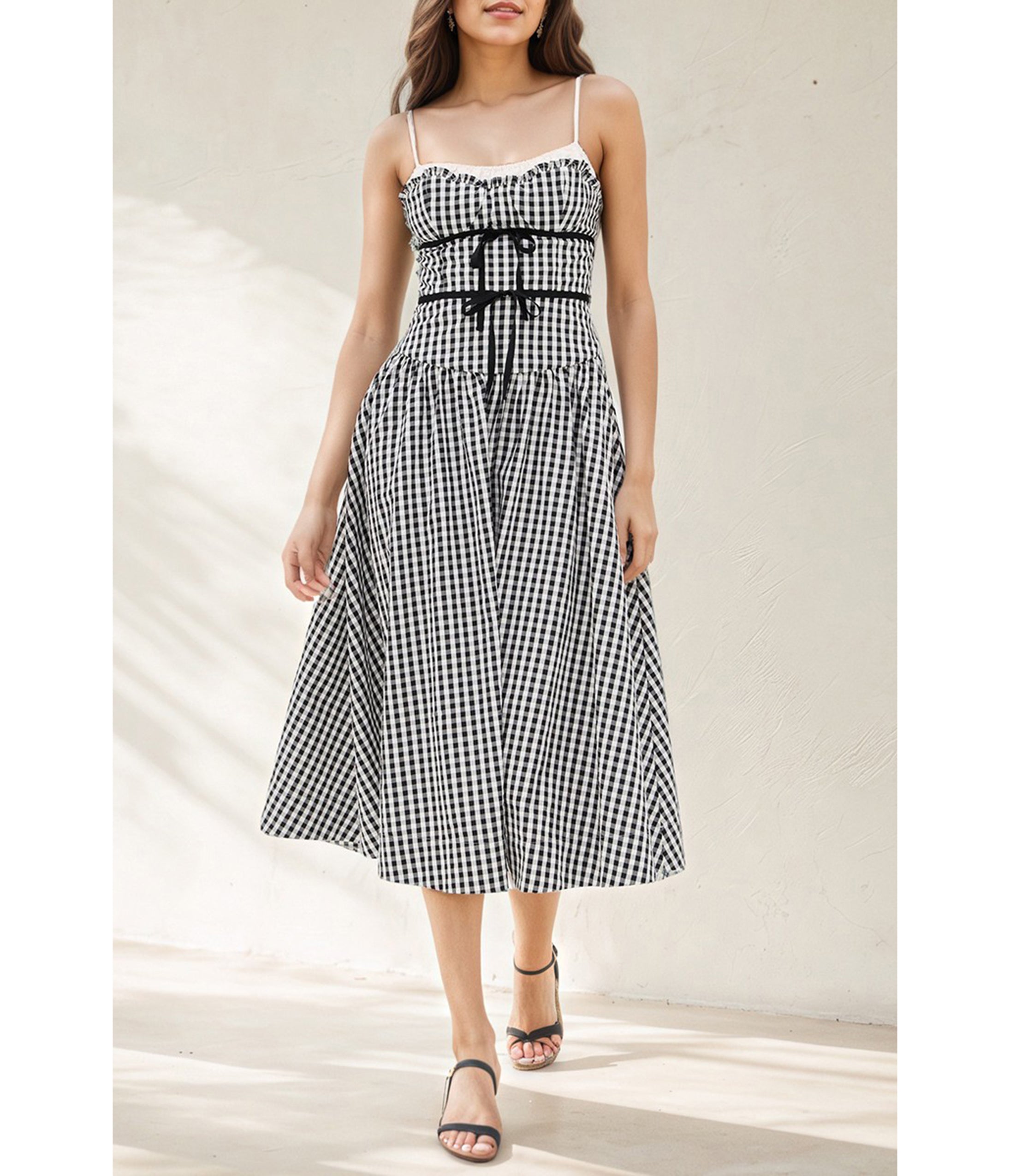 Black Gingham Spaghetti Strap Midi Dress