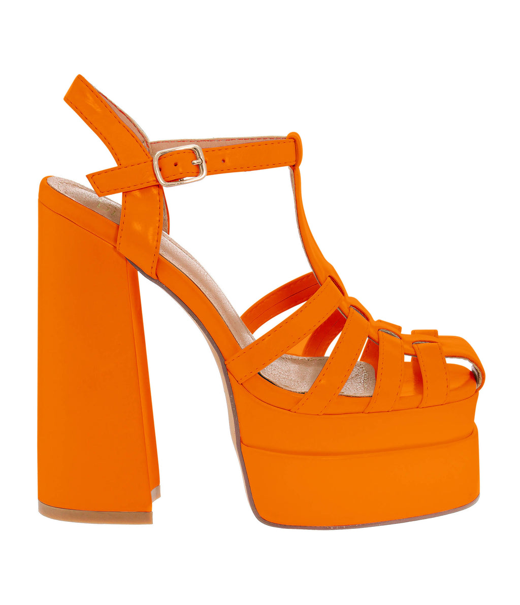 Orange Faux Leather Platform Sandal Heels