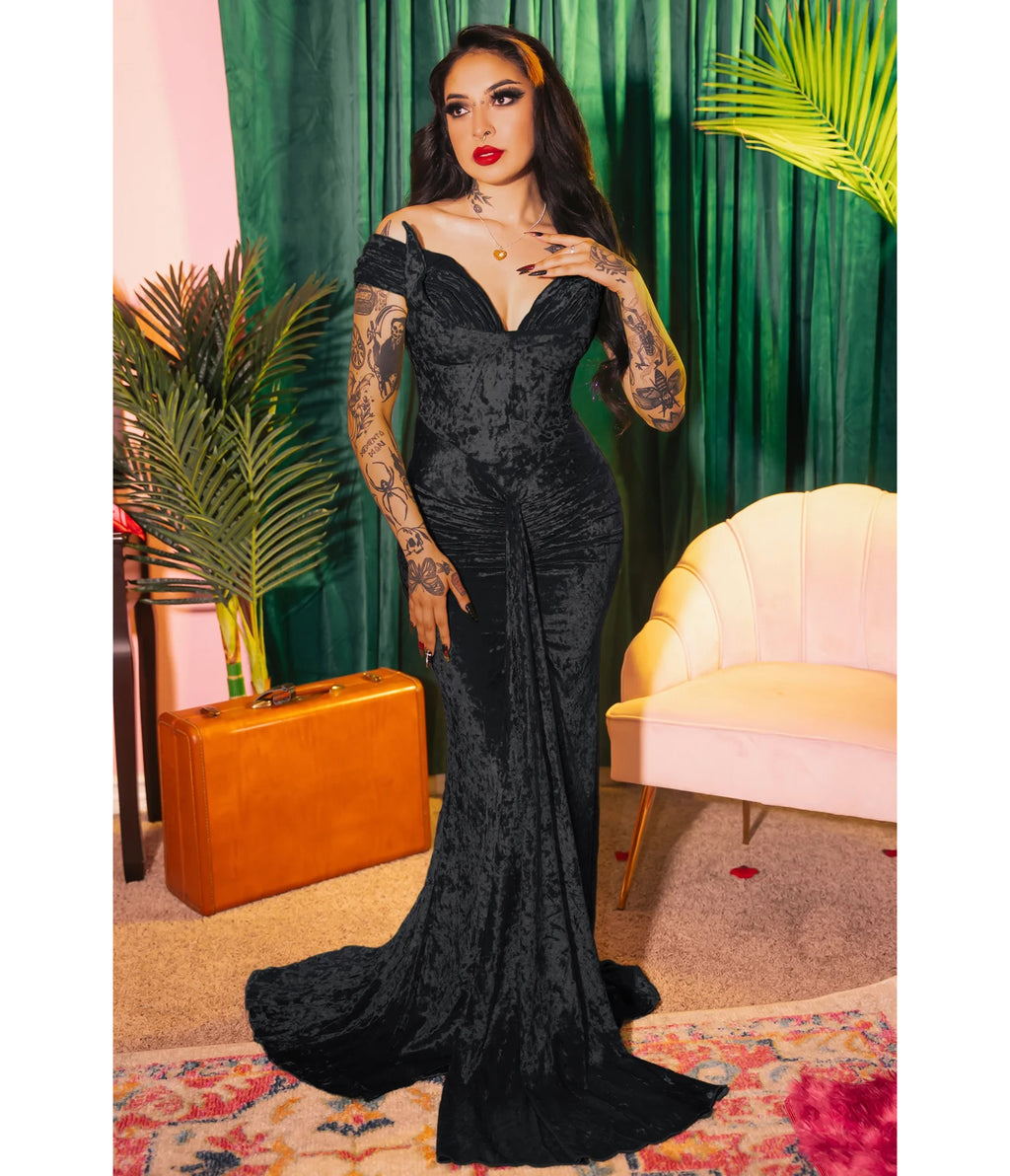 Weasel Wear Black Velvet Off-Shoulder Oozma Onyx Gown