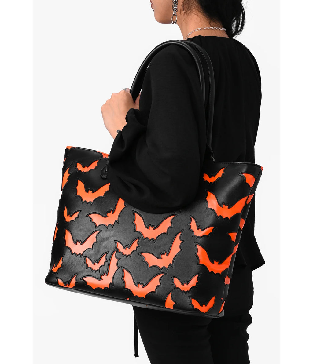 Foxblood Black & Orange Bat Leatherette Tote Bag