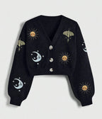Black Celestial Embroidered Cropped Cardigan
