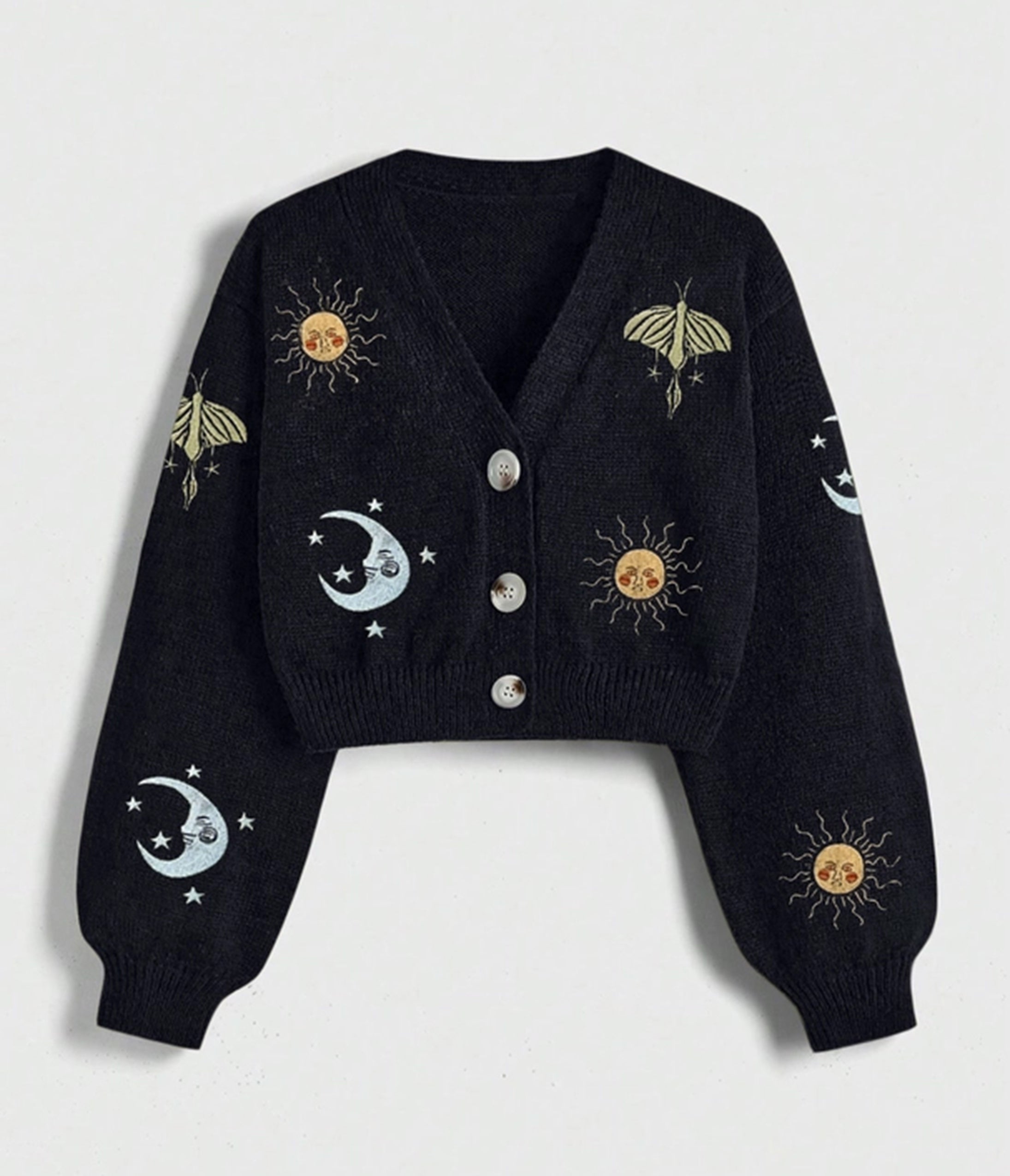 Black Celestial Embroidered Cropped Cardigan