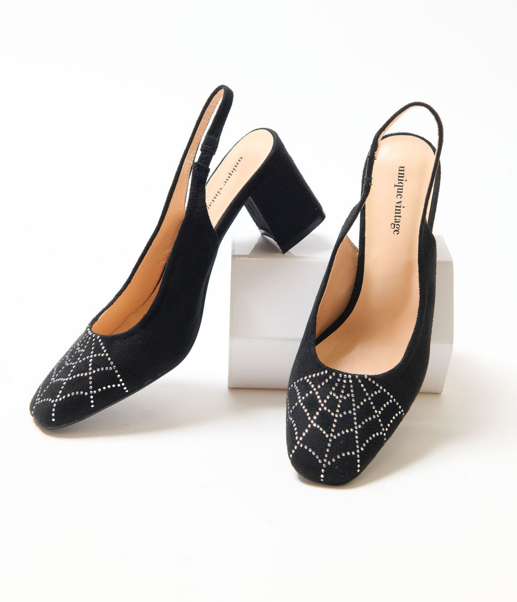Unique Vintage Black Rhinestone Spiderweb Heels