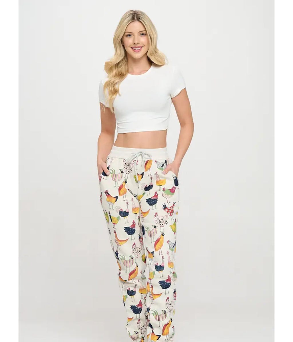 Ivory Rooster Print Sweatpants