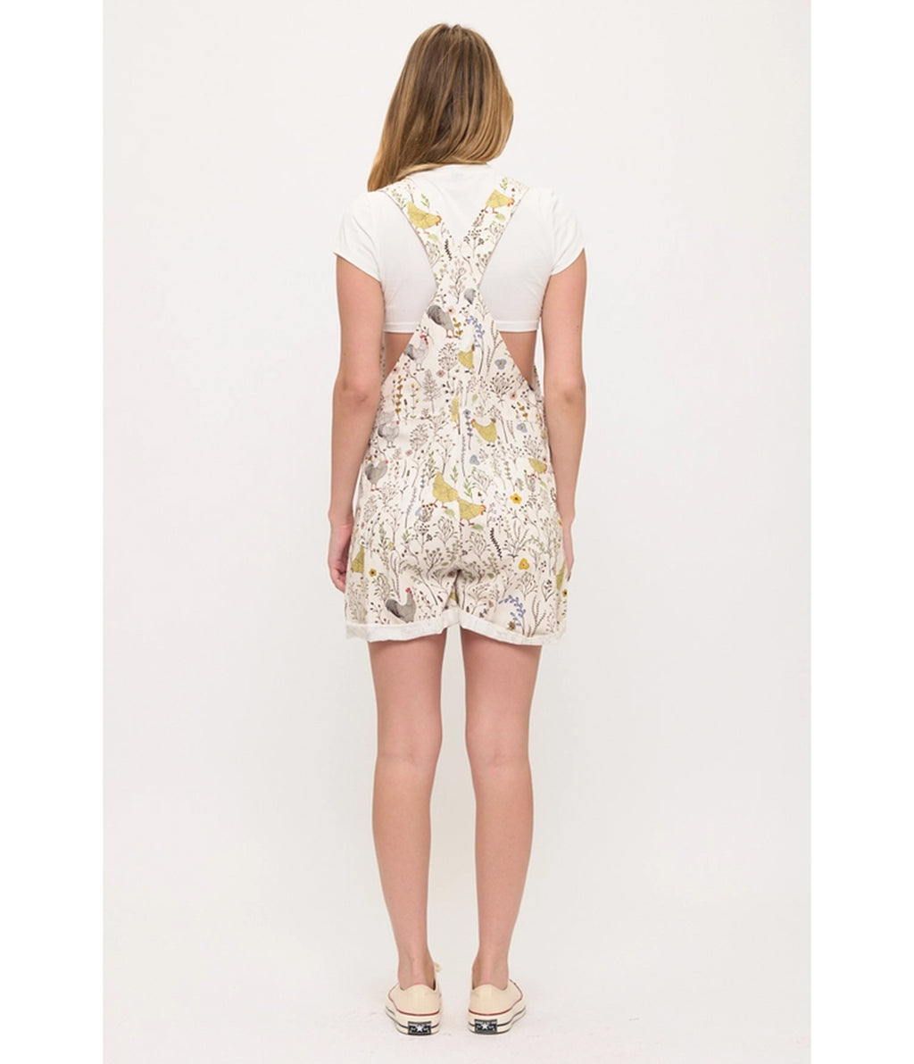 Ivory Floral Chicken Print Short Overalls