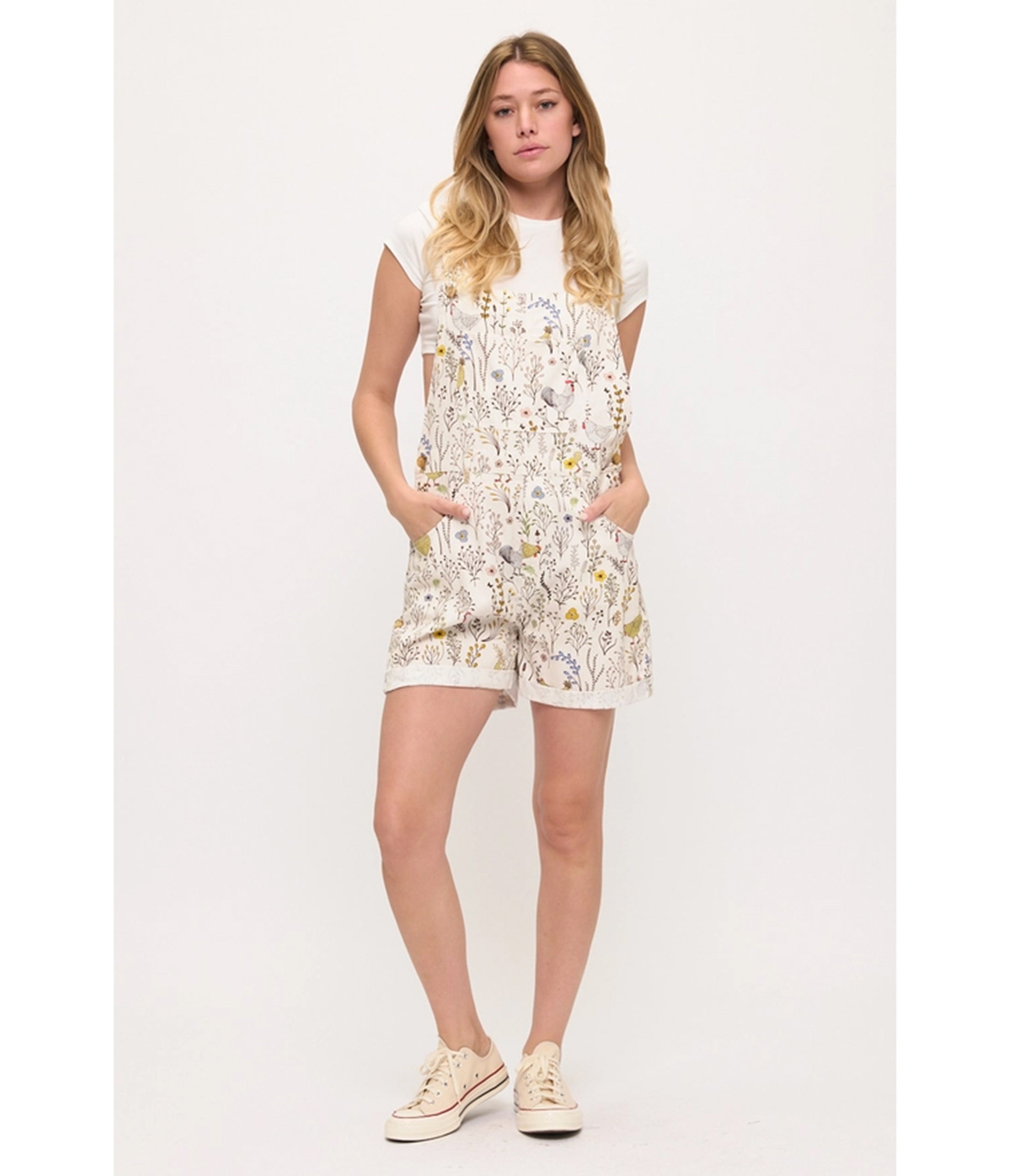Ivory Floral Chicken Print Short Overalls