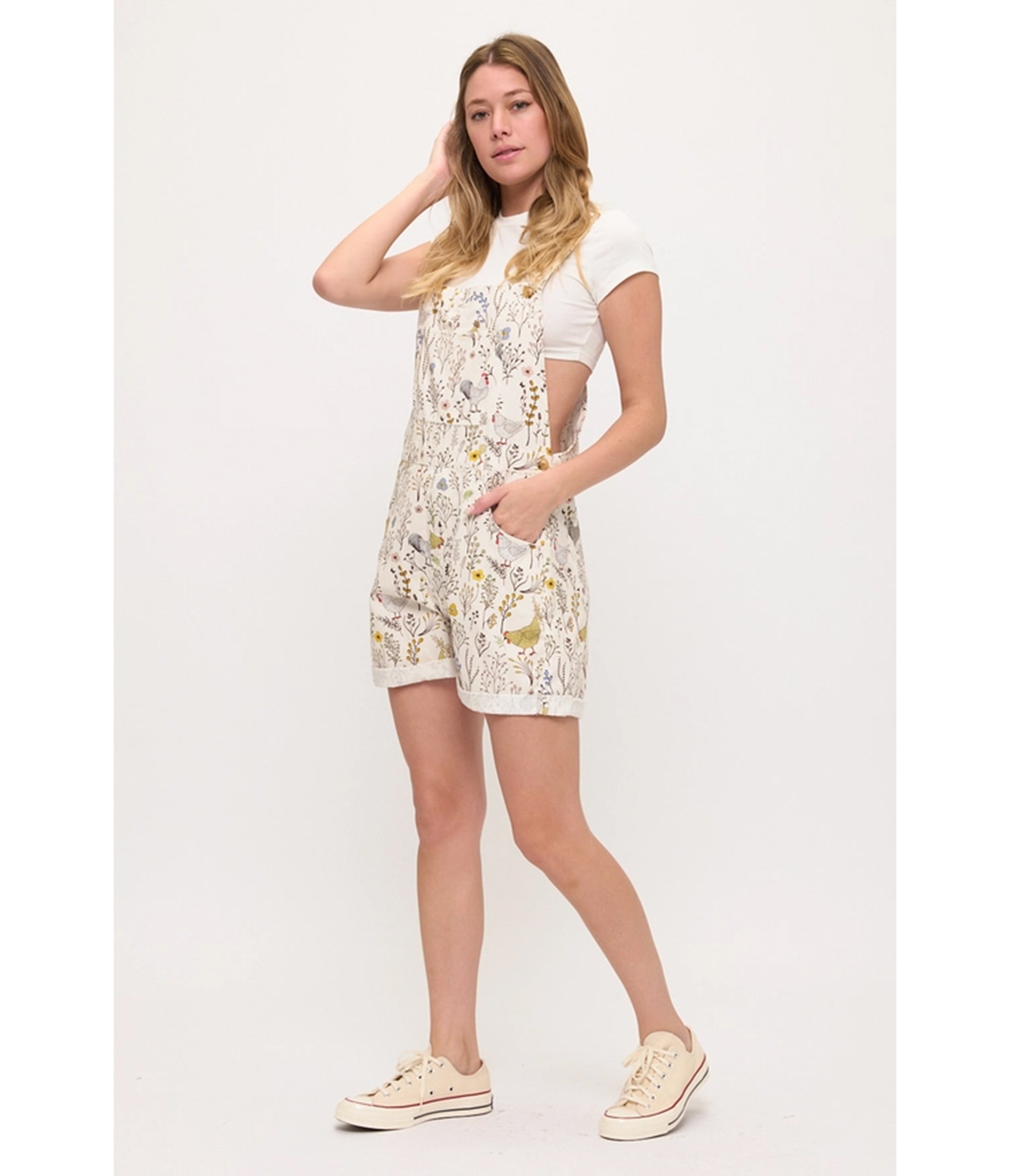 Ivory Floral Chicken Print Short Overalls