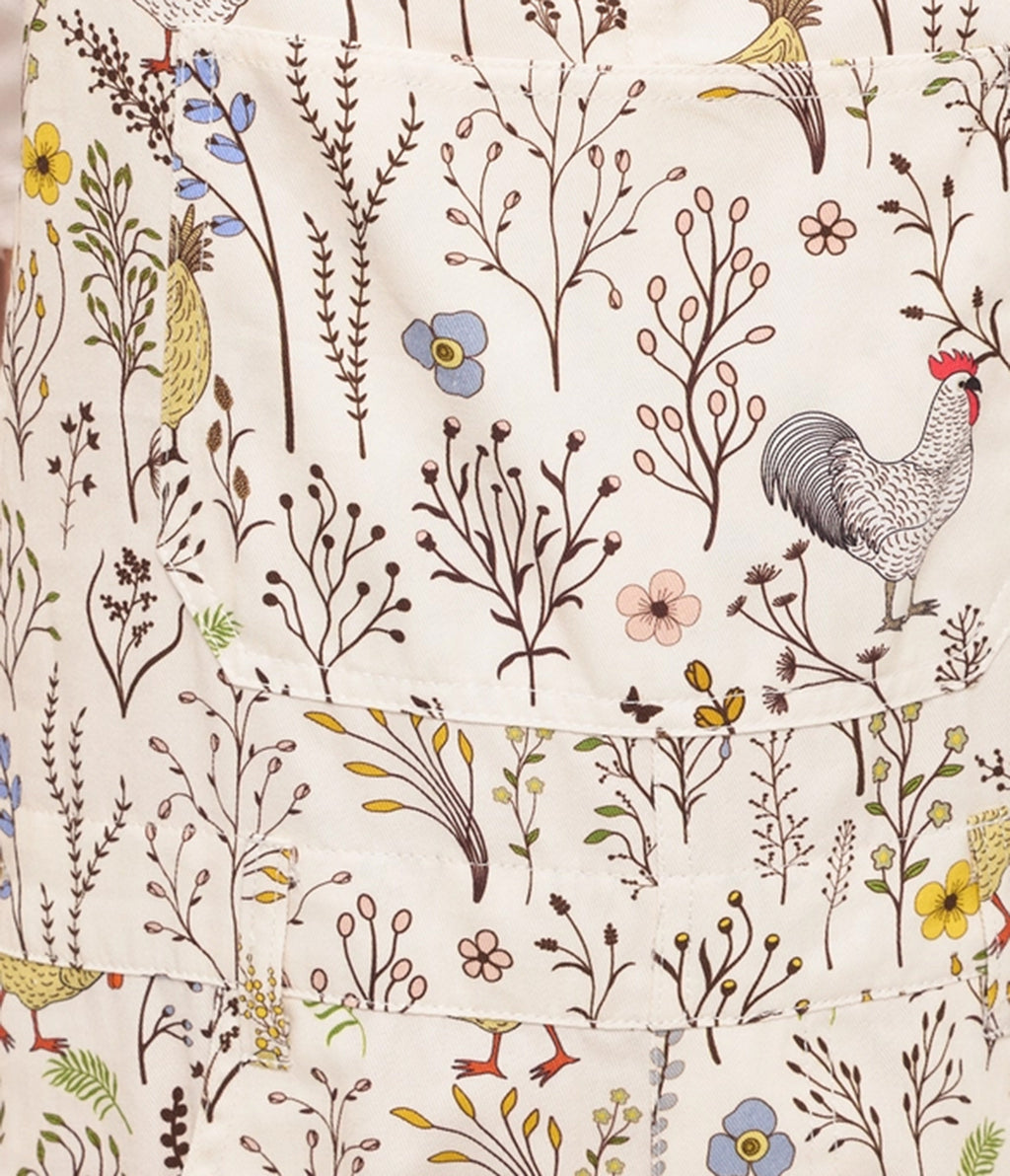 Ivory Floral Chicken Print Short Overalls