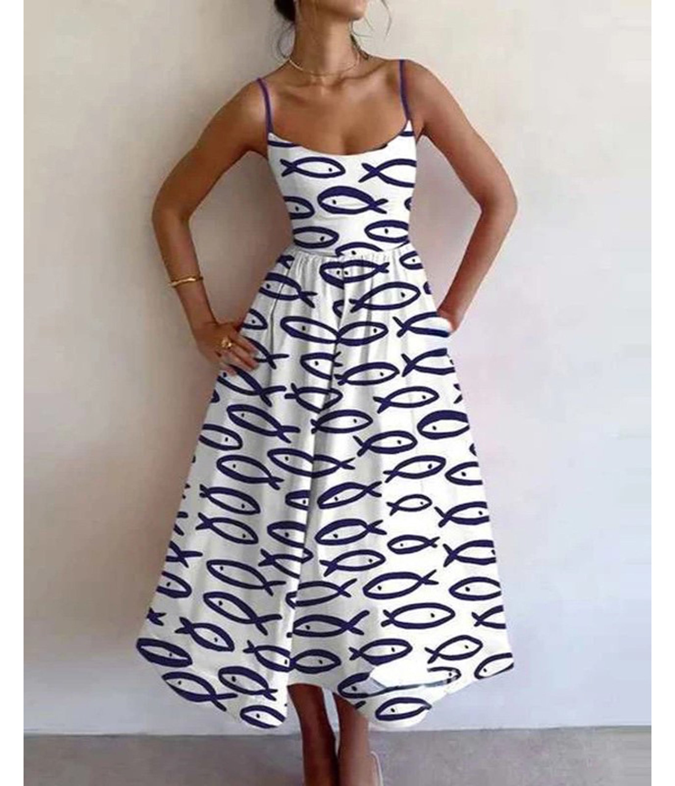 White Fish Print Midi Dress