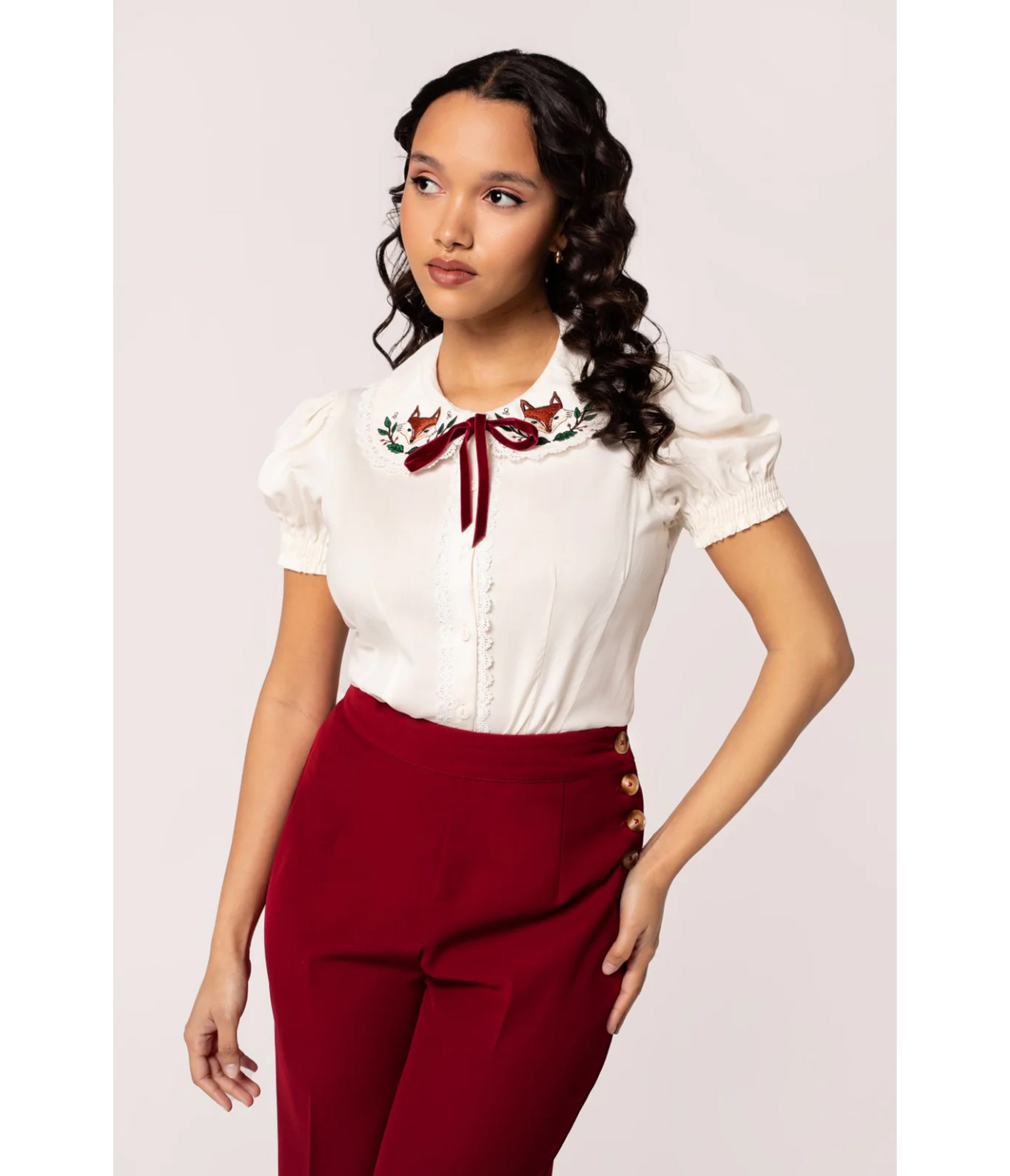 Hell Bunny Ivory Fox Embroidered Basil Blouse
