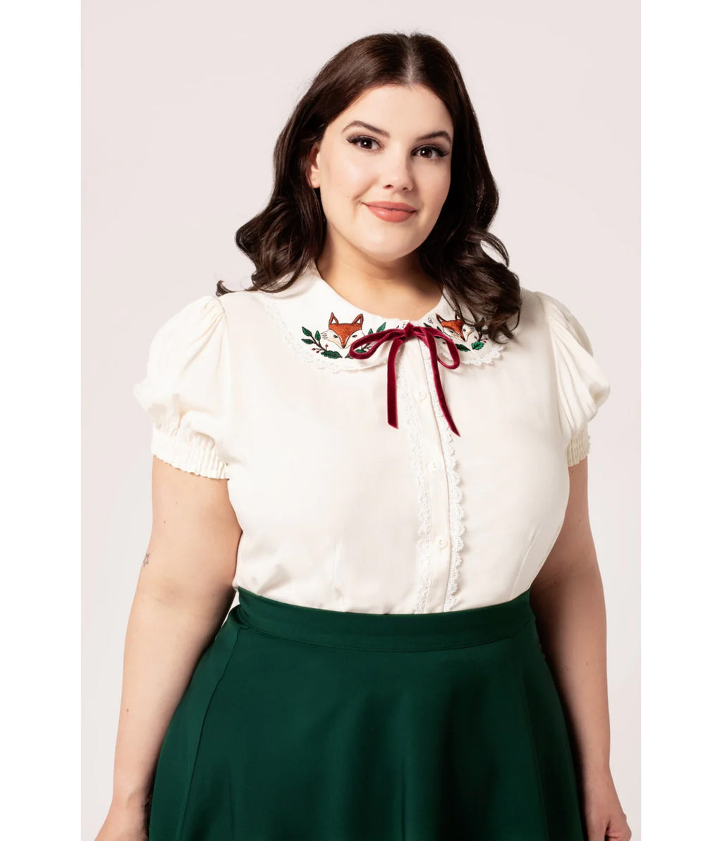 Hell Bunny Ivory Fox Embroidered Basil Blouse