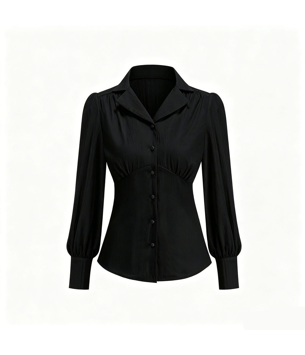 Black 1940's Button Up Collared Blouse