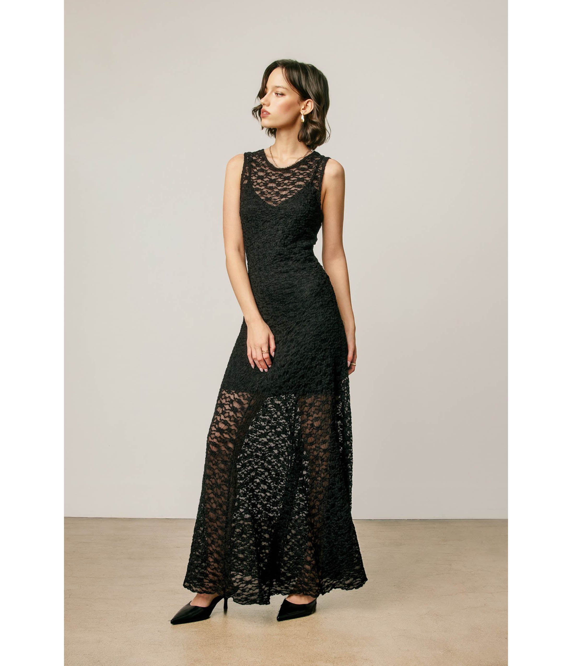 Black Floral Lace Flared Maxi Dress