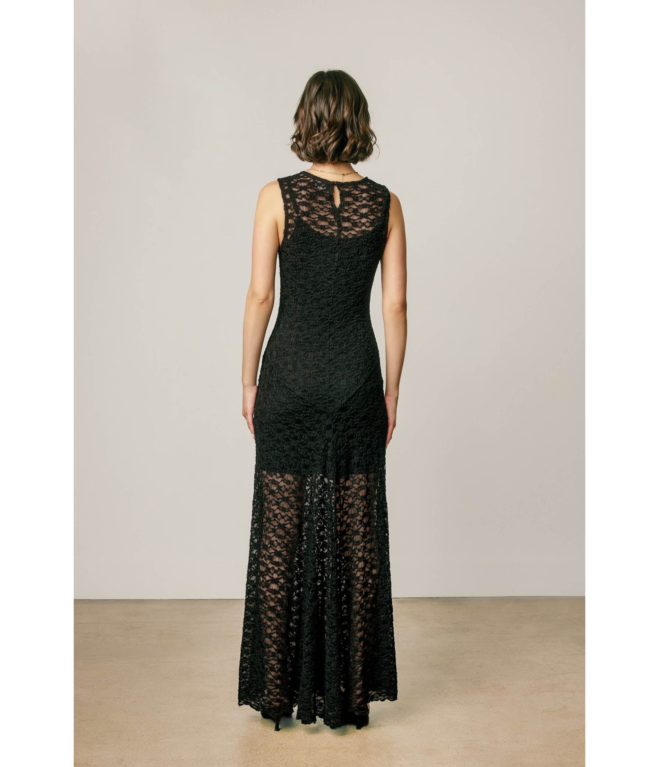 Black Floral Lace Flared Maxi Dress