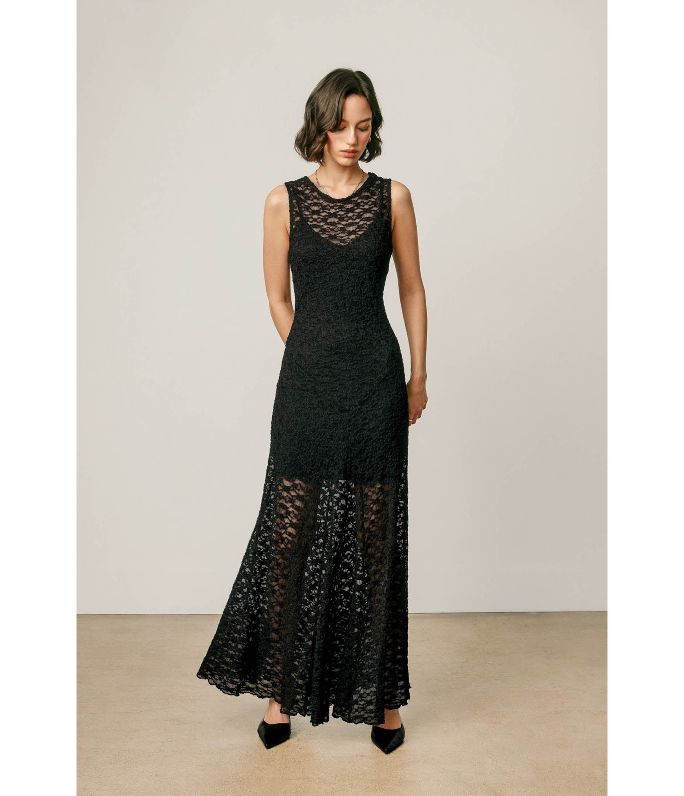 Black Floral Lace Flared Maxi Dress