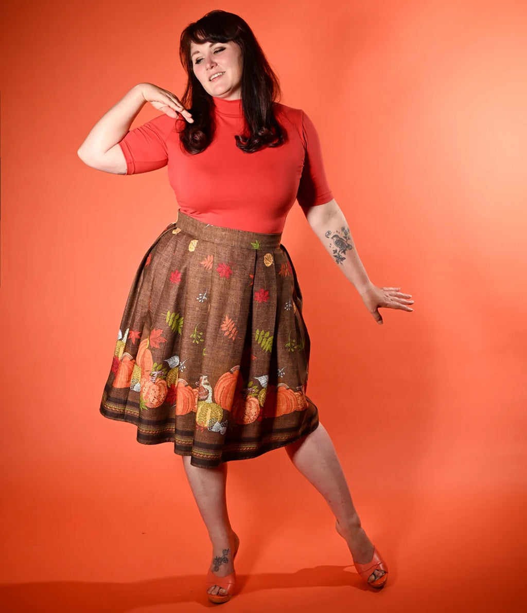 Brown Pumpkin Border Print Cindy Swing Skirt