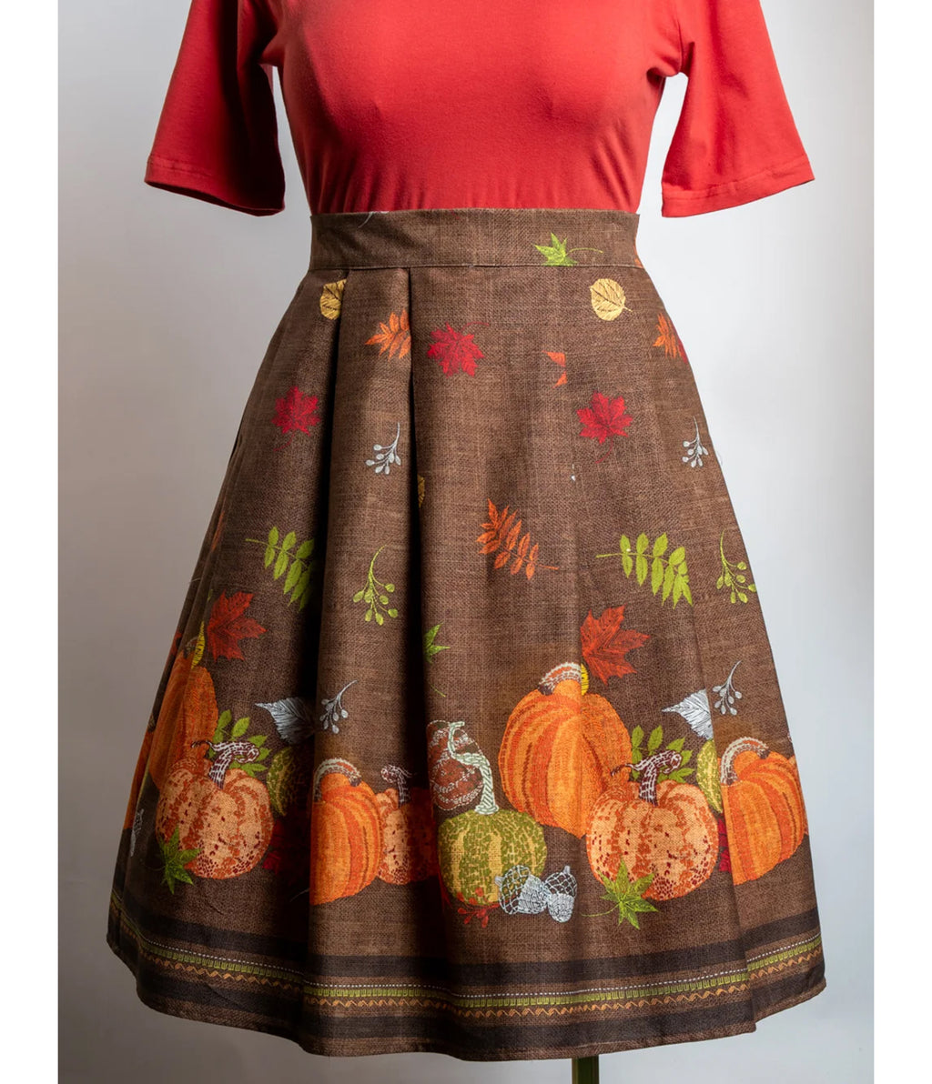 Brown Pumpkin Border Print Cindy Swing Skirt