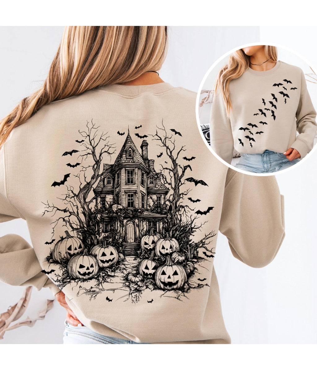 Ivory Halloween & Bats Print Graphic Sweatshirt