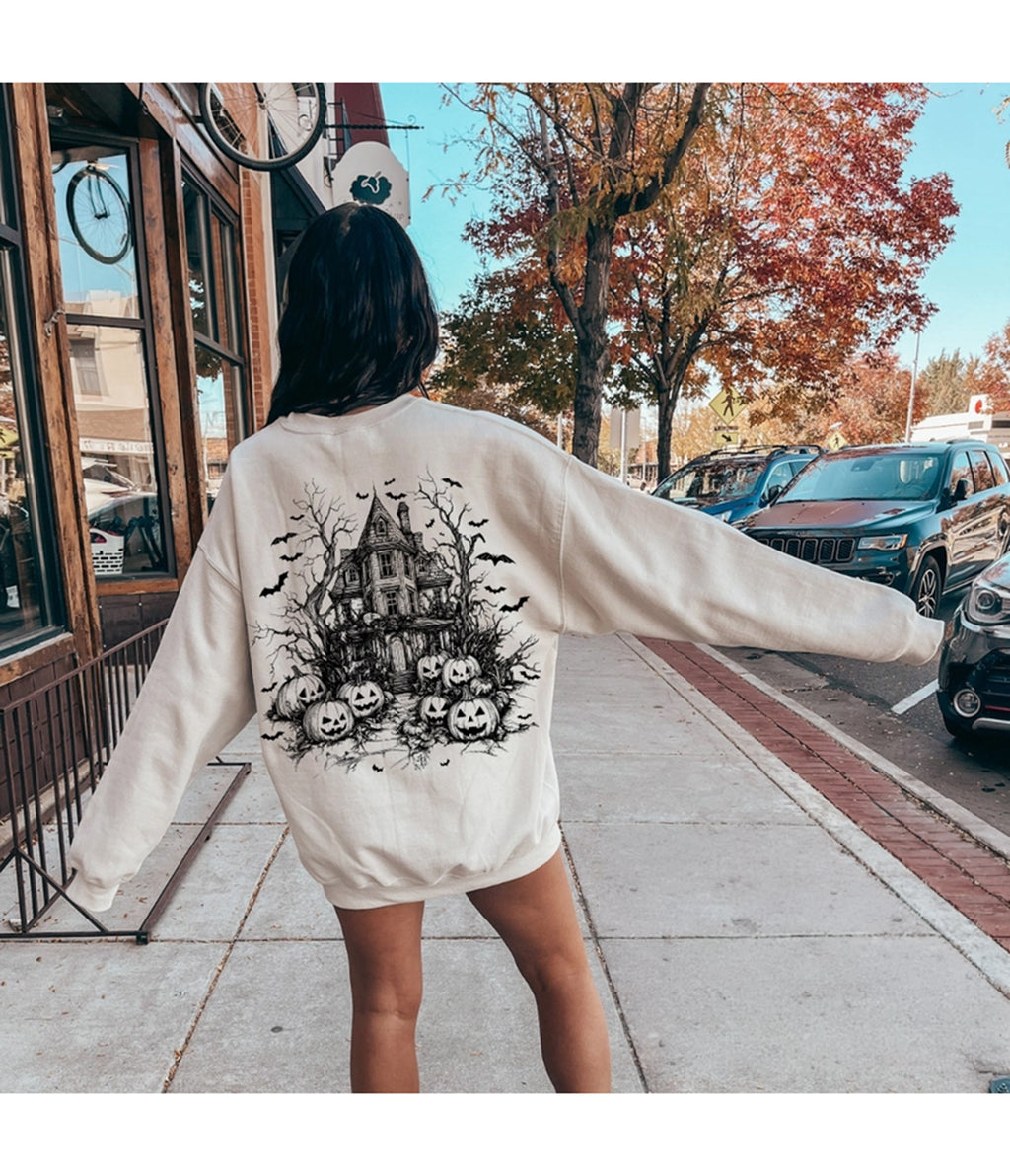 Ivory Halloween & Bats Print Graphic Sweatshirt