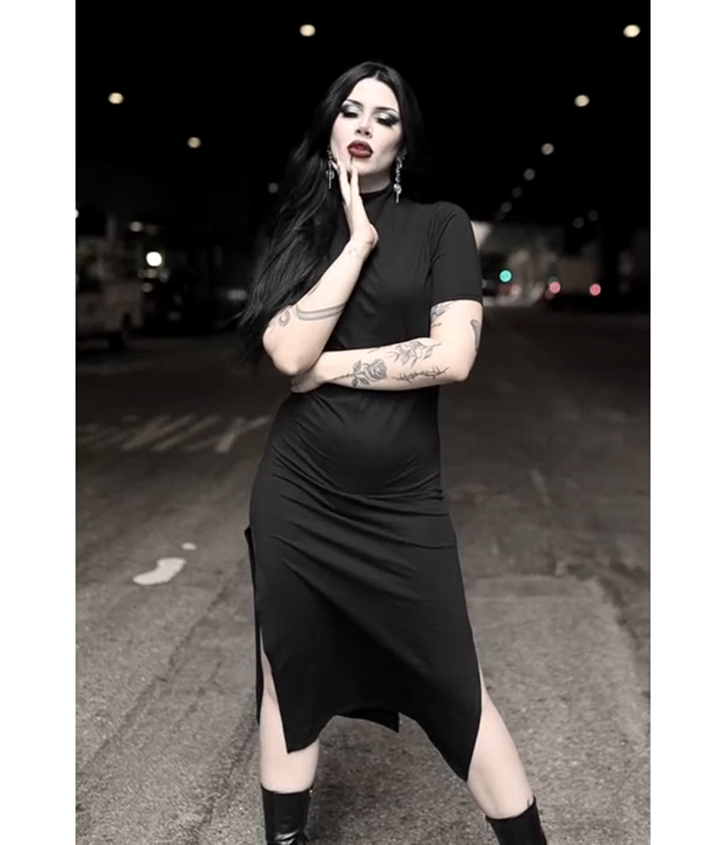 Black Mock Neck Seer Midi Dress