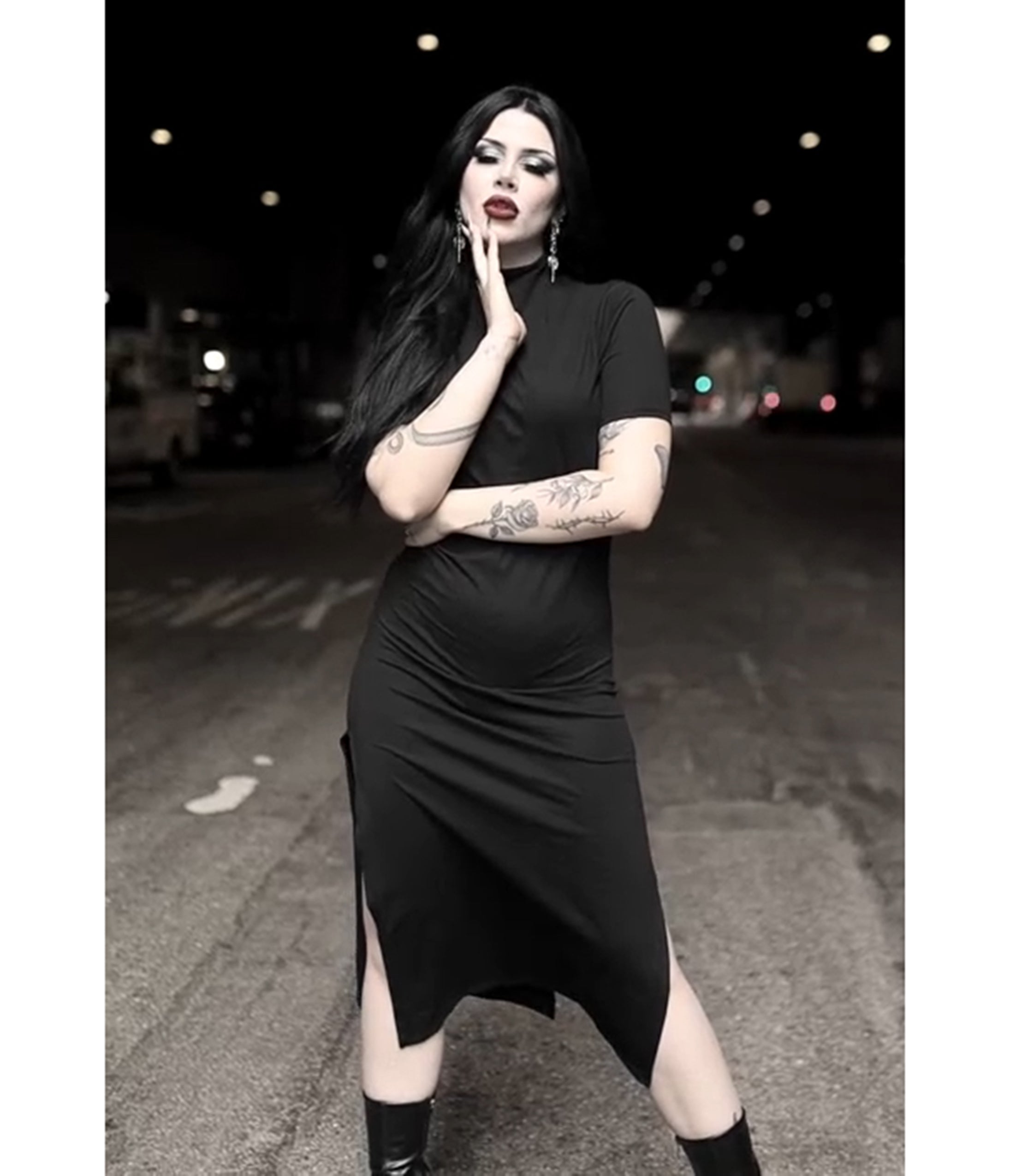 Black Mock Neck Seer Midi Dress