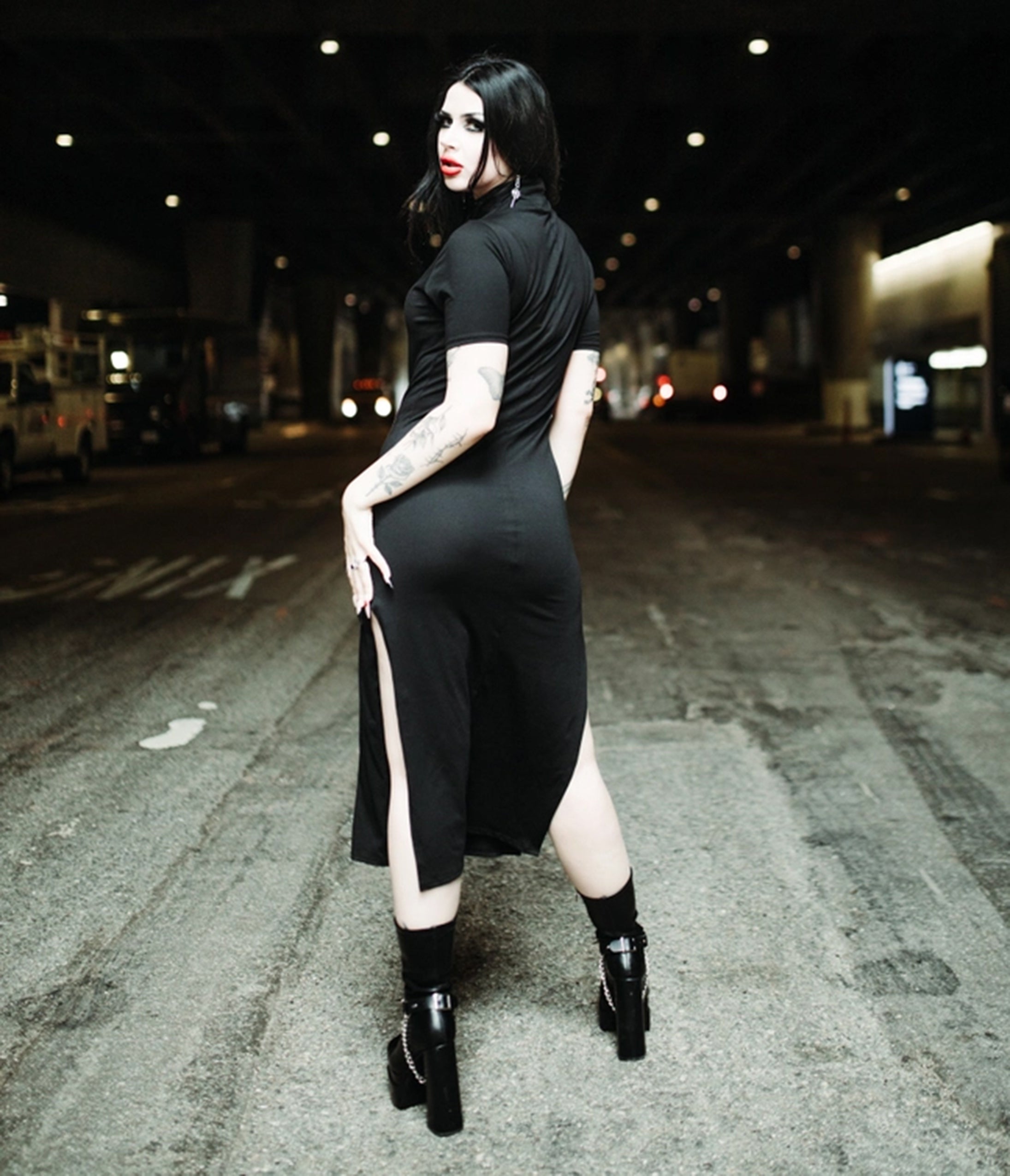 Black Mock Neck Seer Midi Dress