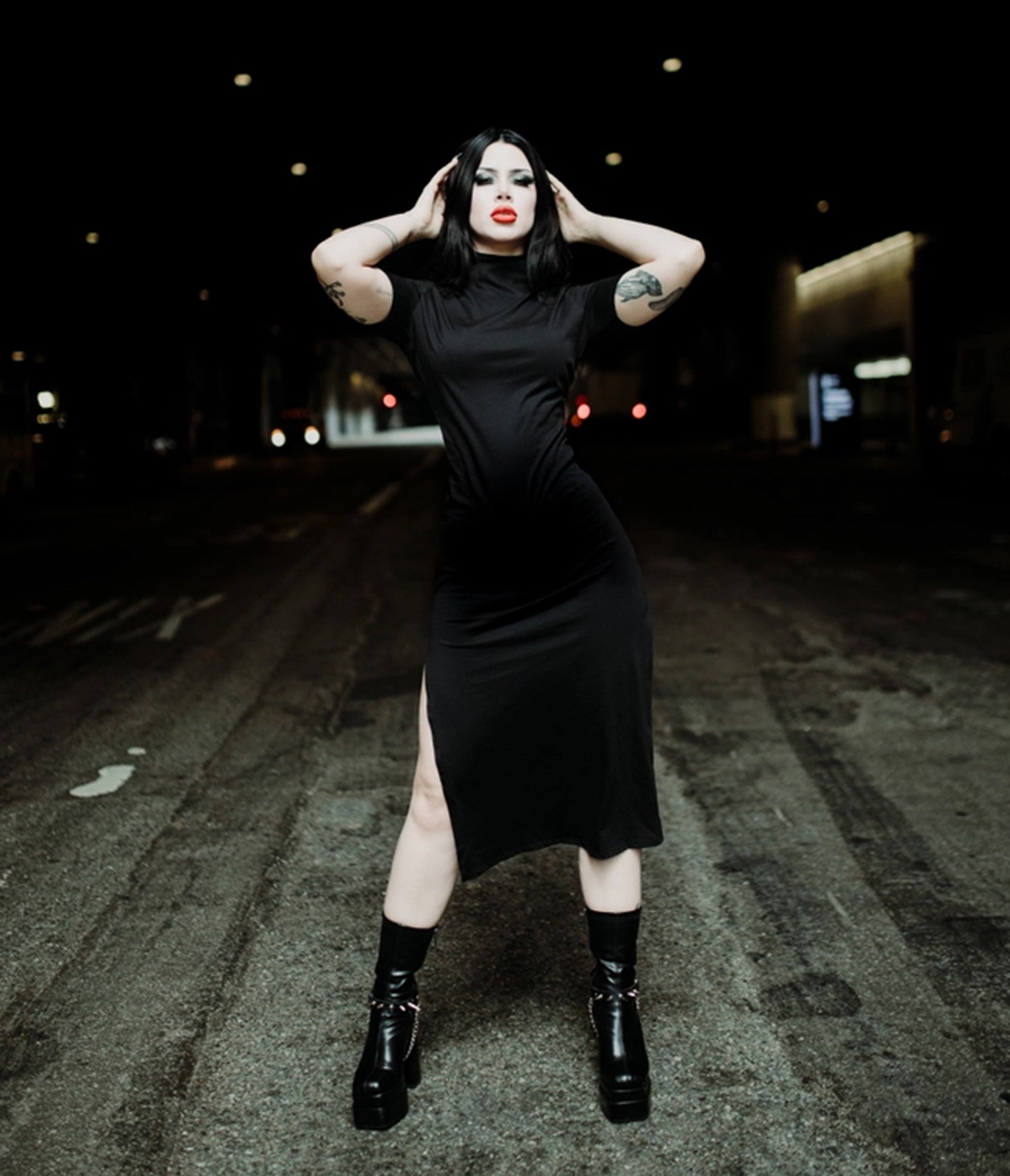 Black Mock Neck Seer Midi Dress