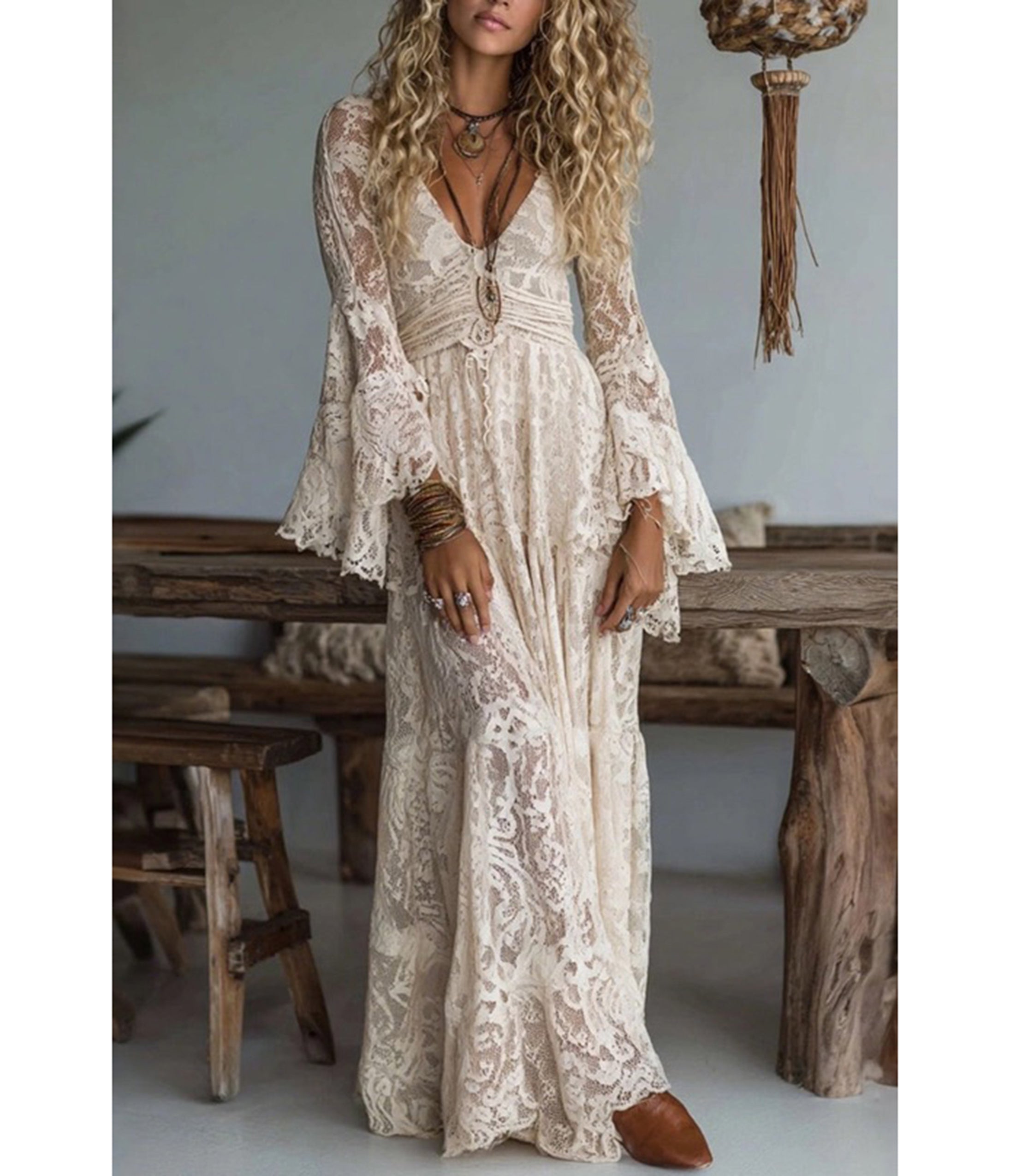 Ivory Lace Bell Sleeve Maxi Dress