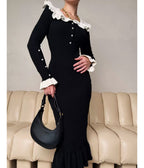 Black & White Ruffle Collar Knit Midi Dress