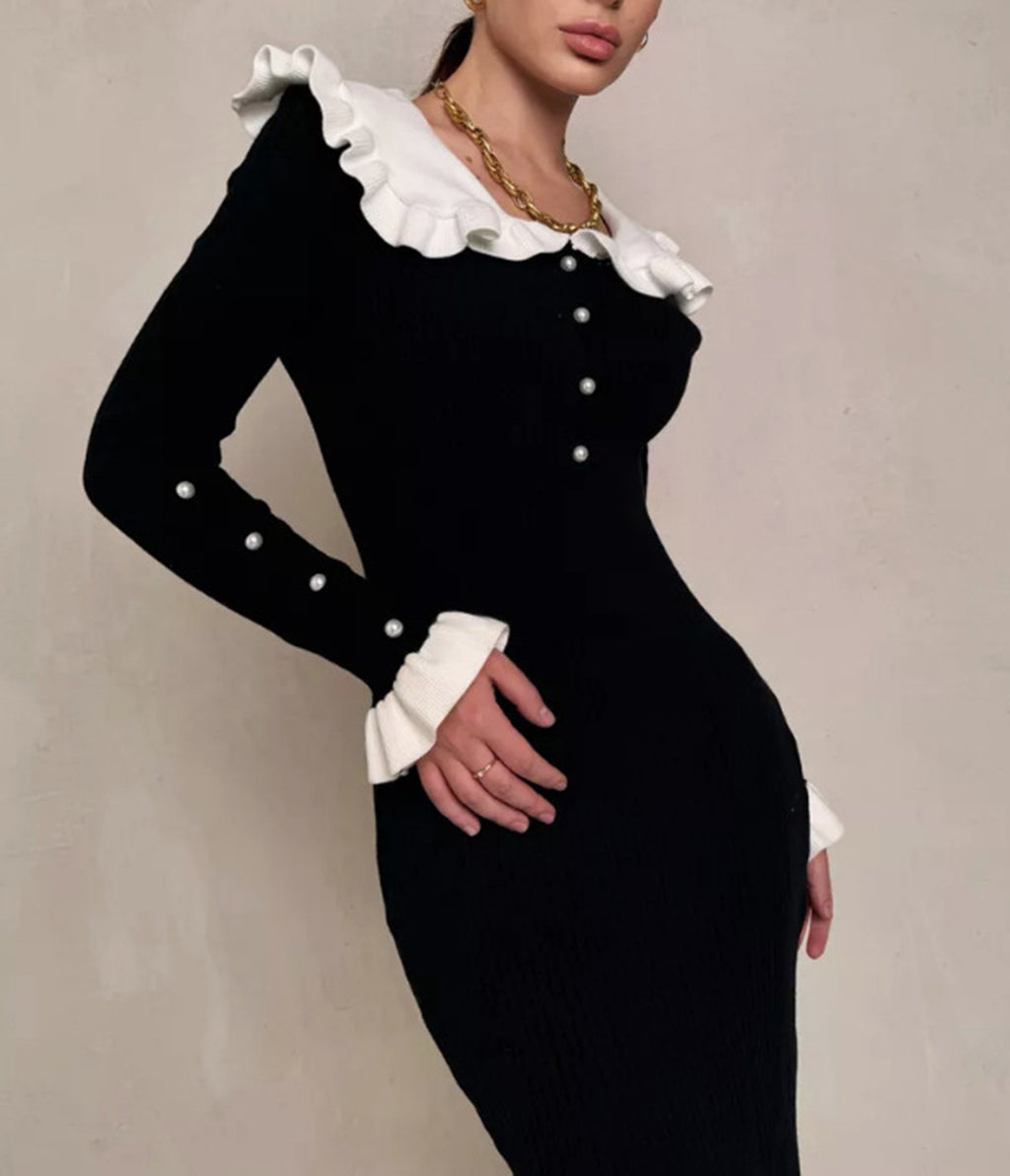 Black & White Ruffle Collar Knit Midi Dress