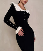 Black & White Ruffle Collar Knit Midi Dress