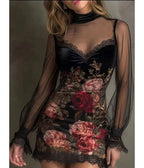 Black Floral & Mesh Overlay Mini Dress